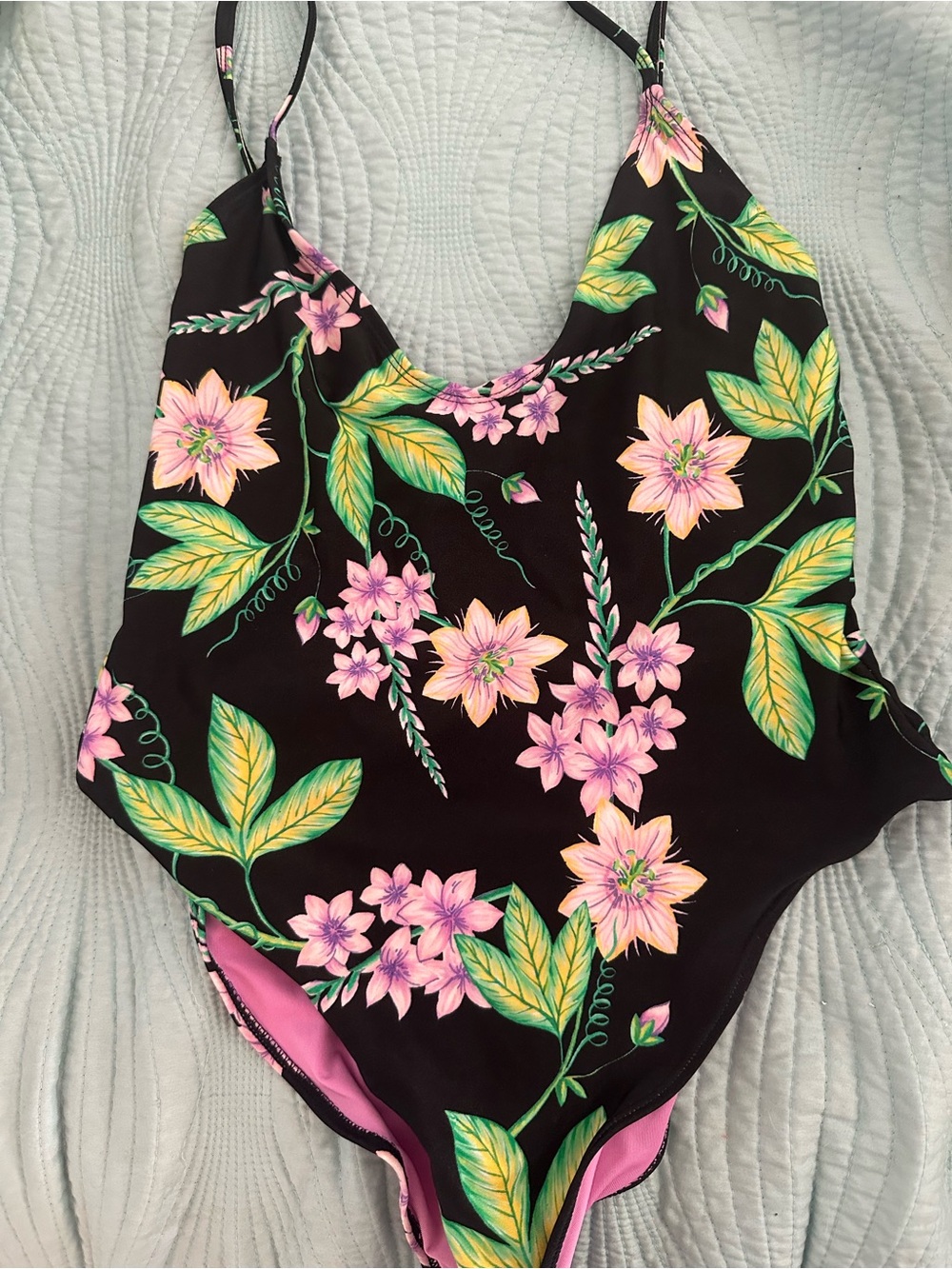 Topshop Black One-Piece Swim with Pink Floral Print